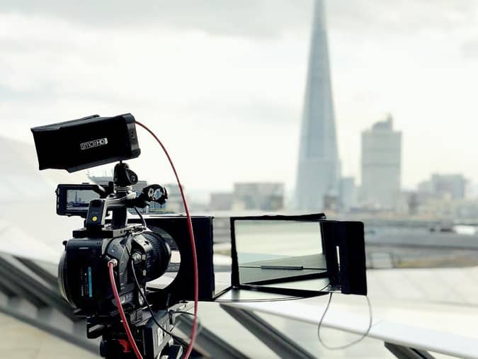 Behind the scenes shot of a video shoot in London on a cloudy day.